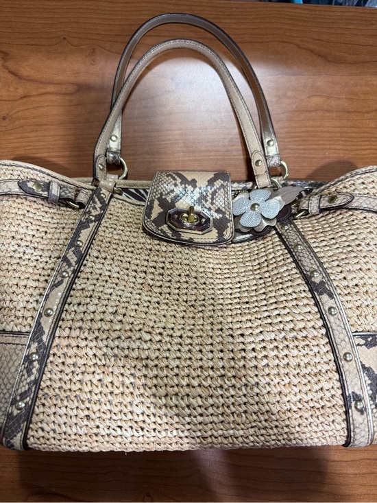 Coach Handbags - Coach Beige Woven Straw Tote with Snake-Print Trim